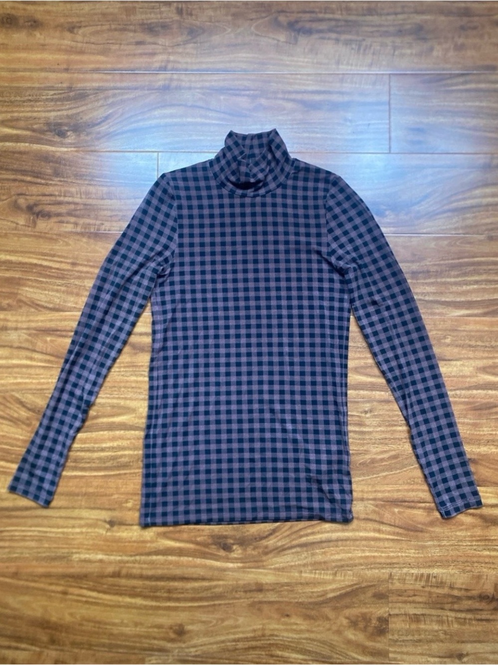 COS Women's Mauve Black High Neck Plaid Long Sleeve Stretch Fitted T-Shirt XS